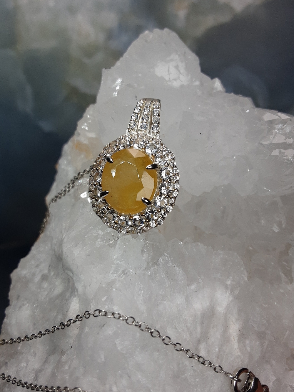 925 Yellow Sapphire, White Zircon Pendant With Chain.